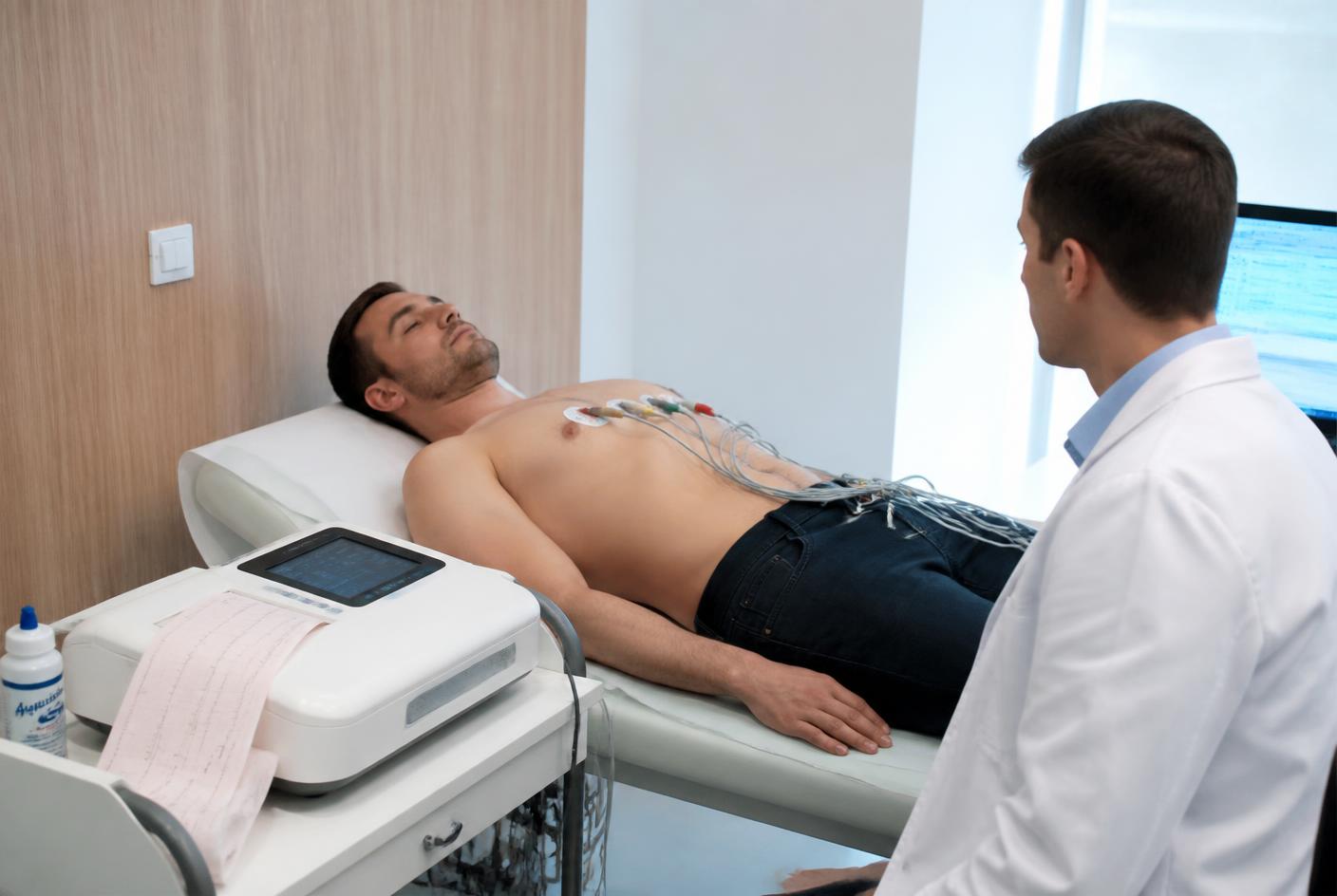 Ruhe-EKG Setting: Teilnehmer liegt mit EKG-Elektroden, Arzt überwacht die Ableitung